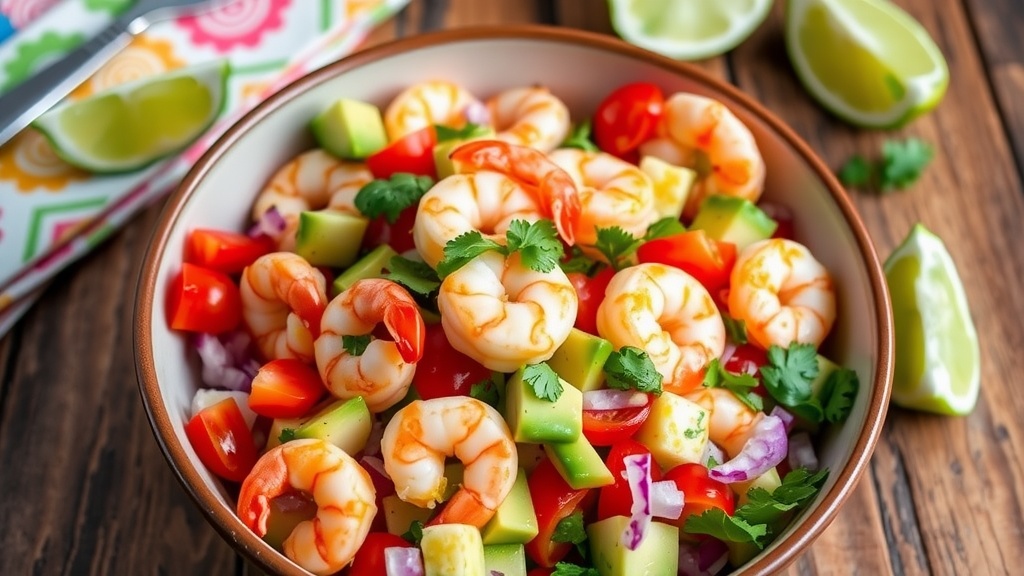 Zesty Shrimp Salad with Avocado and Lime Dressing A fresh shrimp salad with avocado, cherry tomatoes, and lime dressing, garnished with cilantro, presented in a bowl on a wooden table.